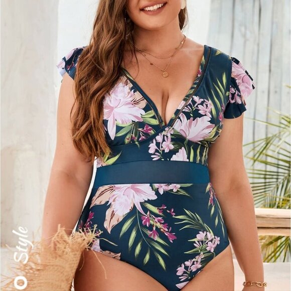 Cupshe Floral V-Neck Sheer Band Swimsuit in Navy & Pink Plus Size - 1X NWT - Picture 1 of 7